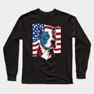 American Pitbull with US stars and stripes Flag Illustration Long Sleeve T-Shirt